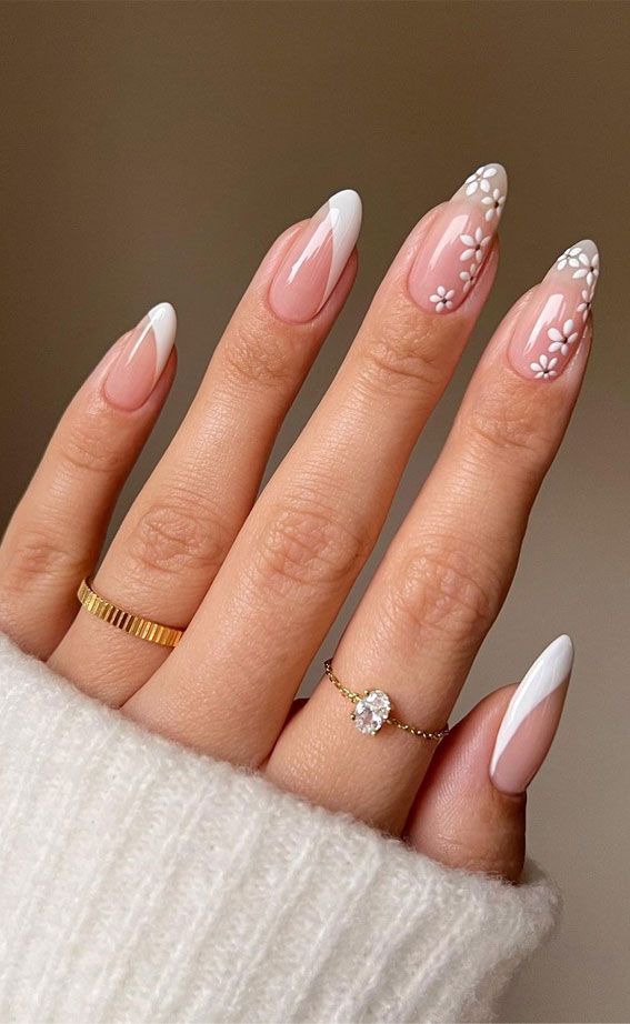 elegant french nails with flowers