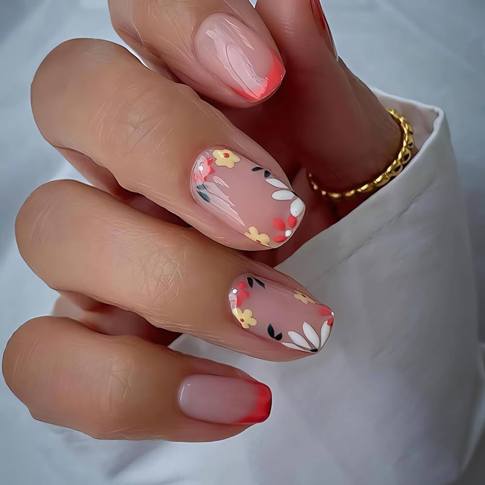 elegant french nails with flowers