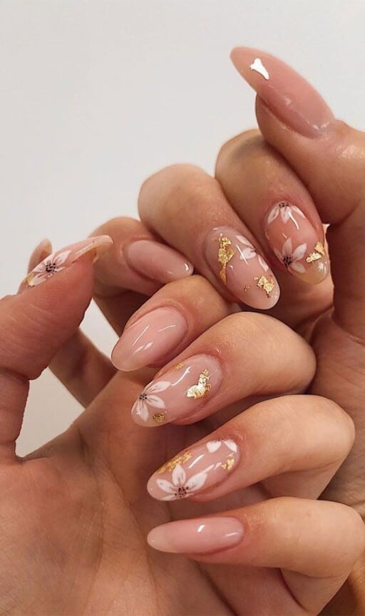 elegant french nails with flowers